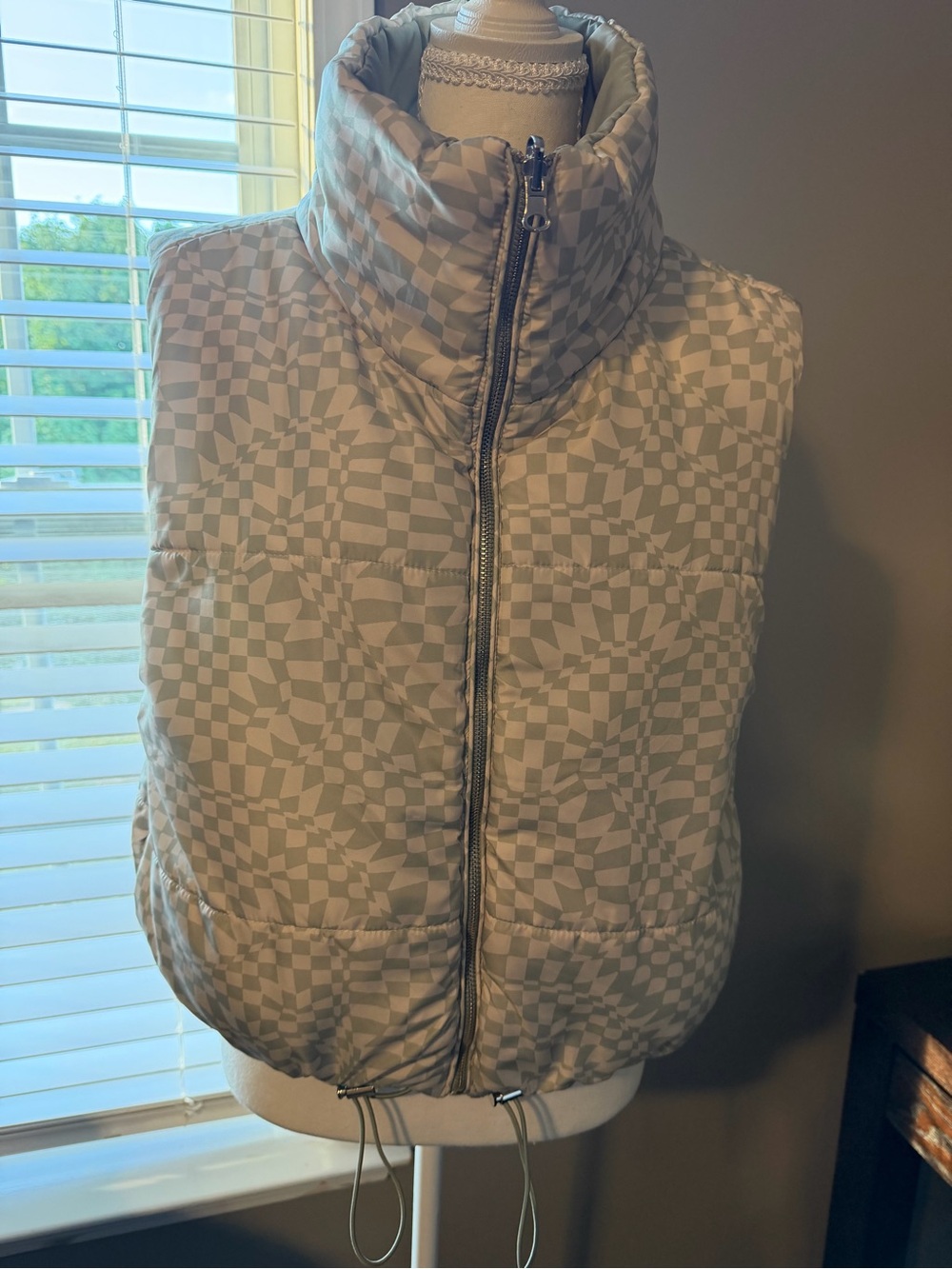 Women's Beige Check Puff Vest with High Collar
